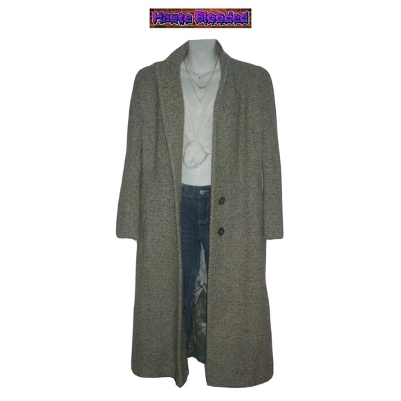 Vintage 80's Saxton Hall Floor Length Virgin Wool Herringbone Dark Academia Coat - Picture 1 of 16